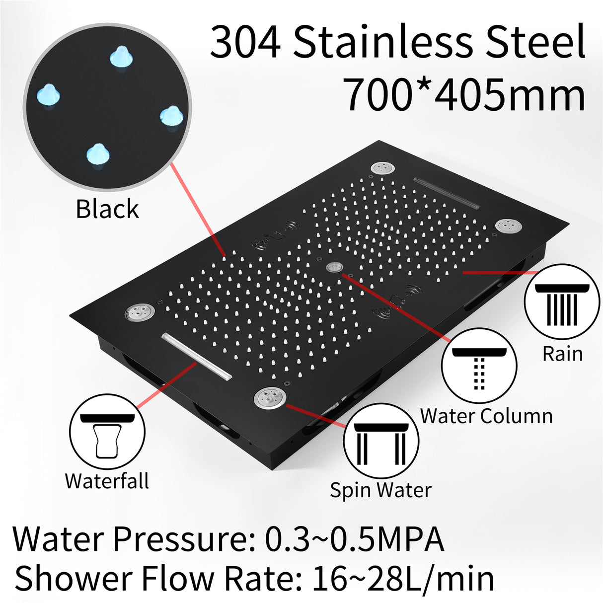 HAVASU| 28" COMLETE LED MUSIC  SHOWER SYSTEM RAINFALL WATERFALL 6 BODY JETS SHOWER SET