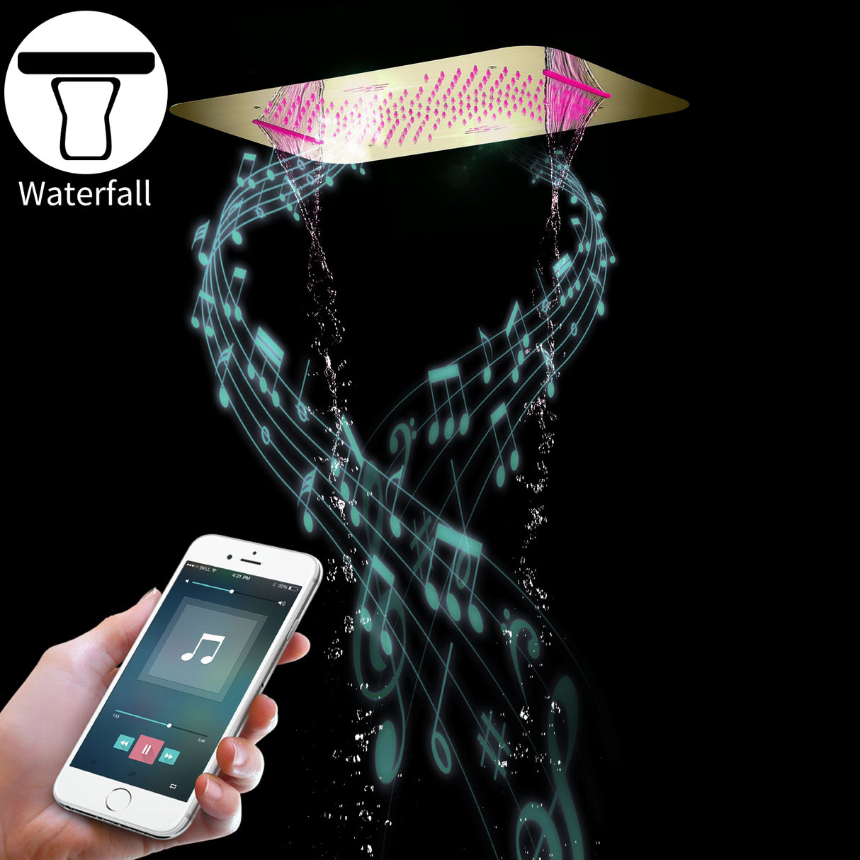 NEBRASKA| 23"Ceiling Mounted Complete Thermostatic LED Music Shower System 4 Body Jets