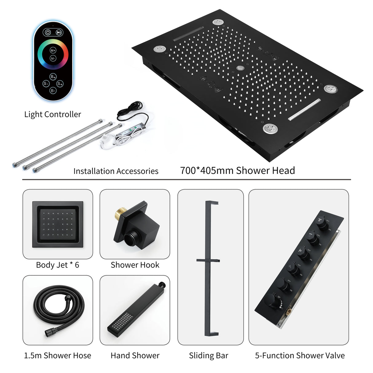 HAVASU| 28" COMLETE LED MUSIC  SHOWER SYSTEM RAINFALL WATERFALL 6 BODY JETS SHOWER SET