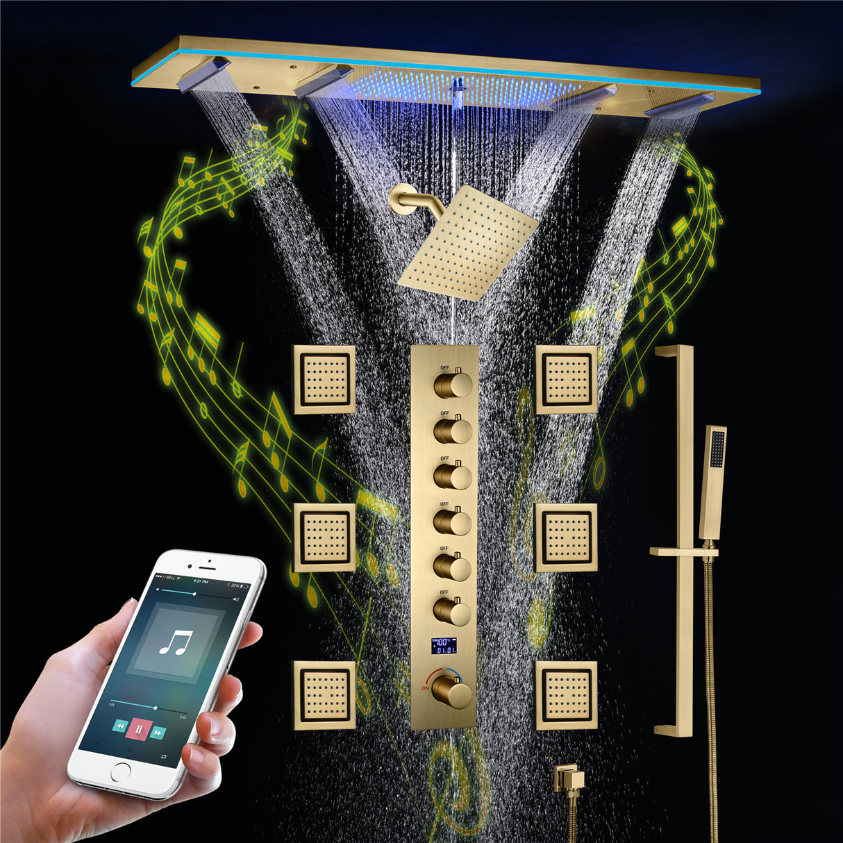 AROMA|47"COMPLETE LUXURY RAINFALL WARERFALL SHOWER SYSTEM LED MUSIC SHOWER SYSTEM