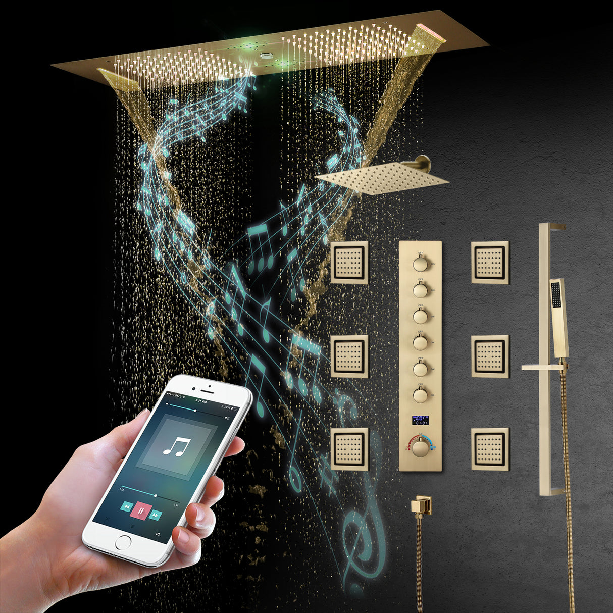 Sydney|36"Inch Complete Led Music Shower System Rainfall Waterfall & Wall Mounted Showerhead