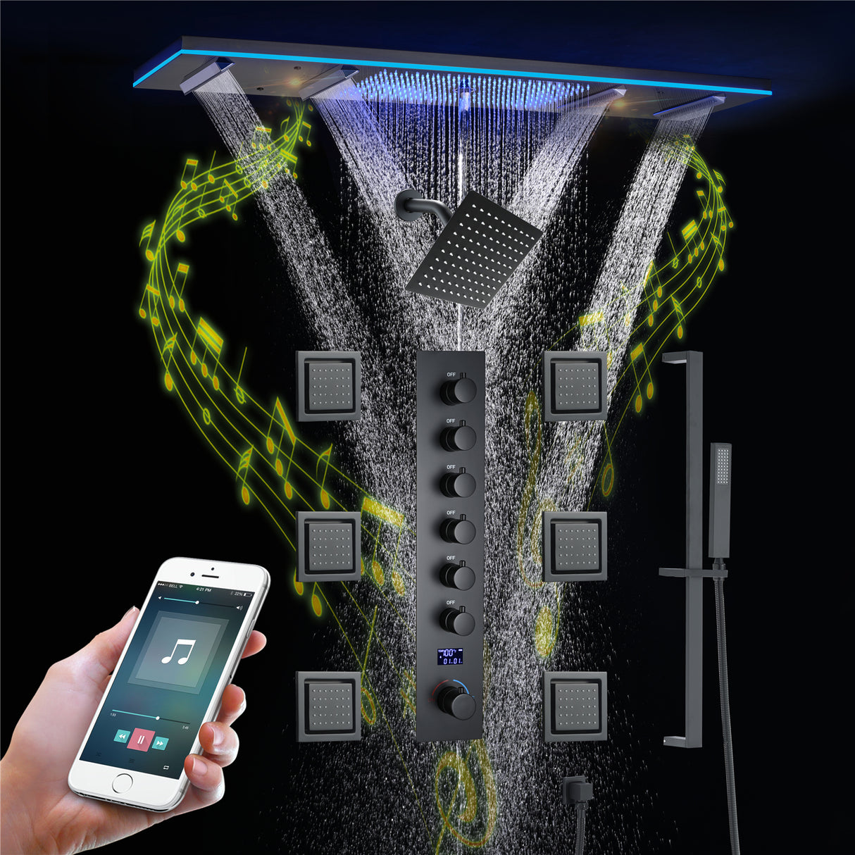 AROMA|47"COMPLETE LUXURY RAINFALL WARERFALL SHOWER SYSTEM LED MUSIC SHOWER SYSTEM