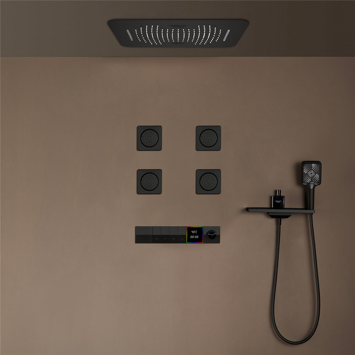 NEBRASKA| 23"Ceiling Mounted Complete Thermostatic LED Music Shower System 4 Body Jets