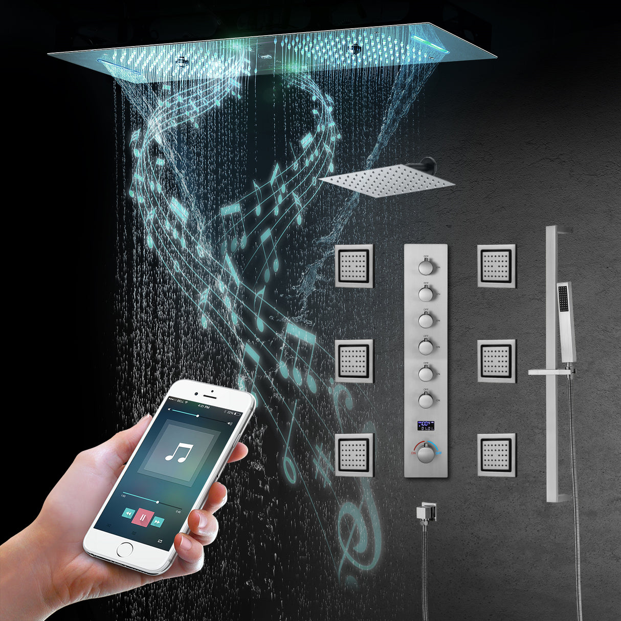 Sydney|36"Inch Complete Led Music Shower System Rainfall Waterfall & Wall Mounted Showerhead