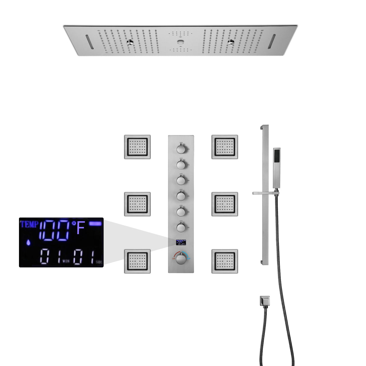 EDEN  | 36" Ceiling Mounted Complete LED Music Shower Set Rainfall/Waterfall/Mist Spray/Water Column/Large Body Jets