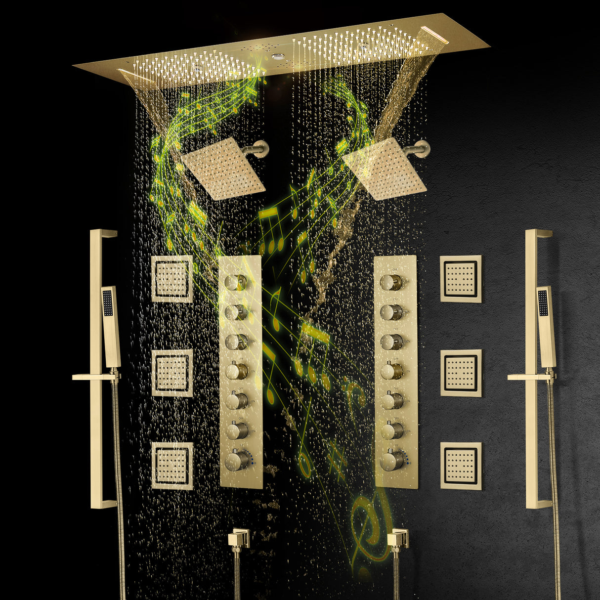 Multnomah| 36" In Dual Showerhead Complete Led Music Shower Set  6 Body Jets 2x Wall Mounted Rainfall Showerhead