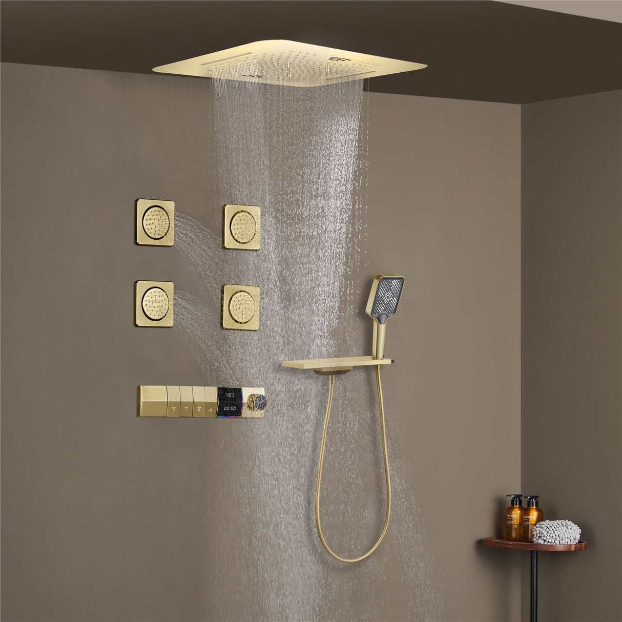 NEBRASKA| 23"Ceiling Mounted Complete Thermostatic LED Music Shower System 4 Body Jets
