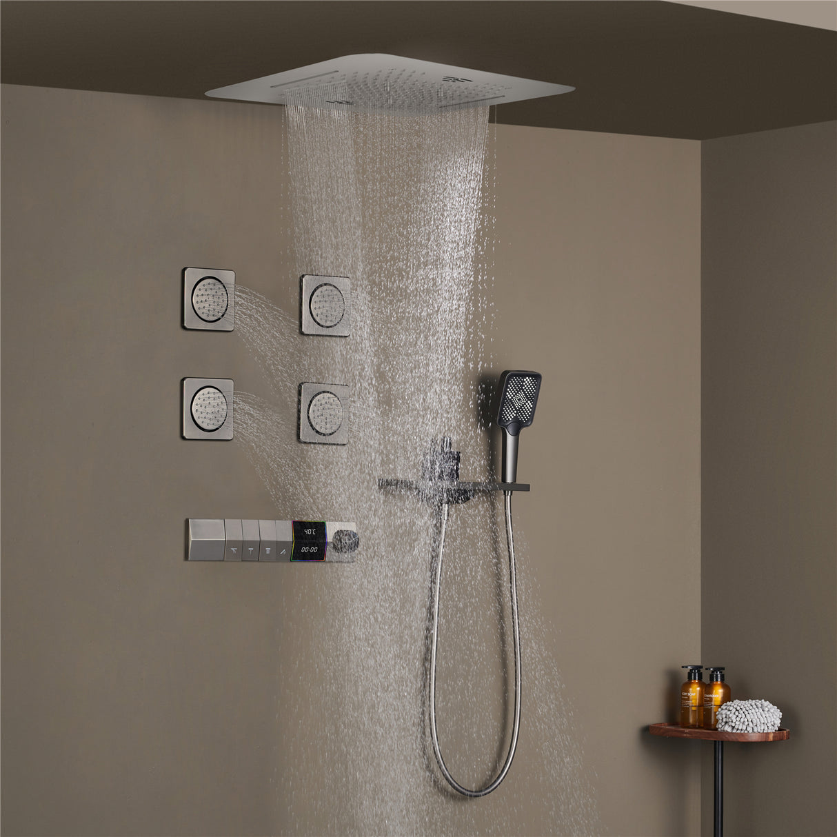 NEBRASKA| 23"Ceiling Mounted Complete Thermostatic LED Music Shower System 4 Body Jets