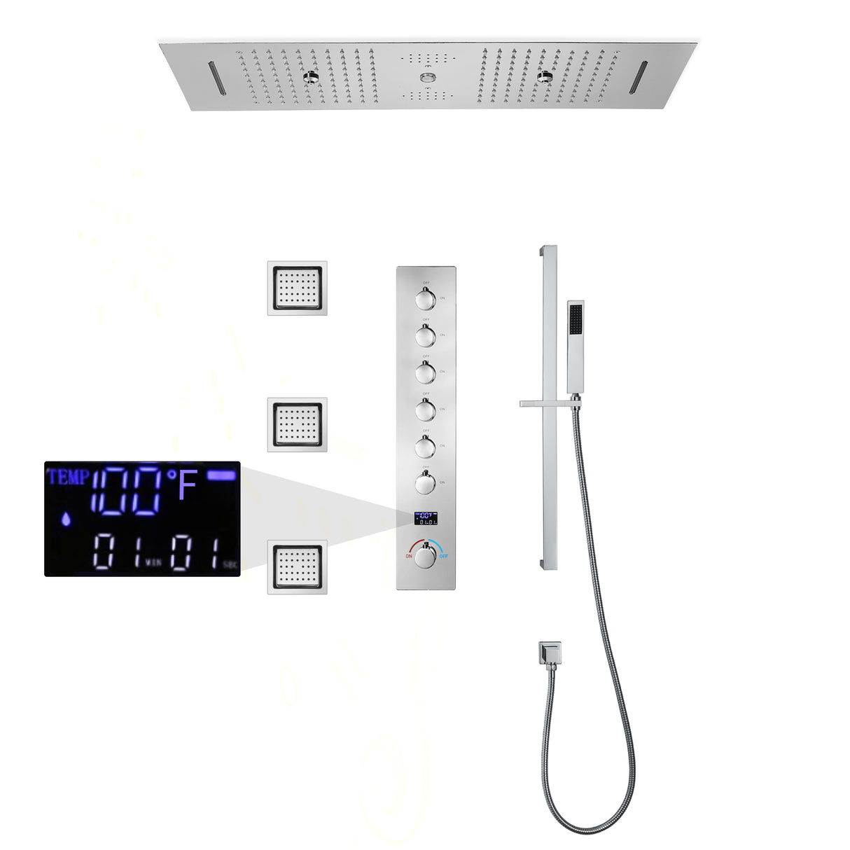 EDEN  | 36" Ceiling Mounted Complete LED Music Shower Set Rainfall/Waterfall/Mist Spray/Water Column/Large Body Jets