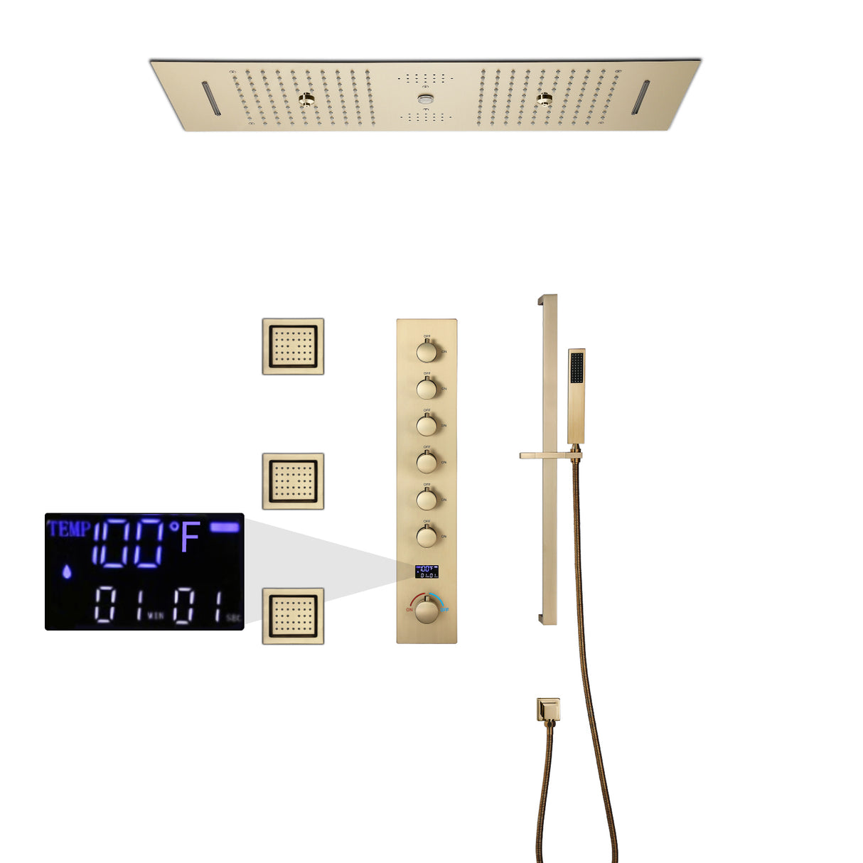 EDEN  | 36" Ceiling Mounted Complete LED Music Shower Set Rainfall/Waterfall/Mist Spray/Water Column/Large Body Jets