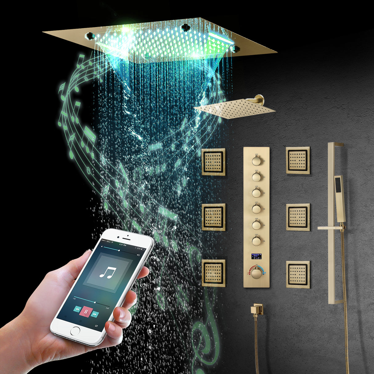 MONACO| 20" x 20" Complete Luxury LED Music shower set Rainfall , Waterfall, Mist Spray 6x Body Jets