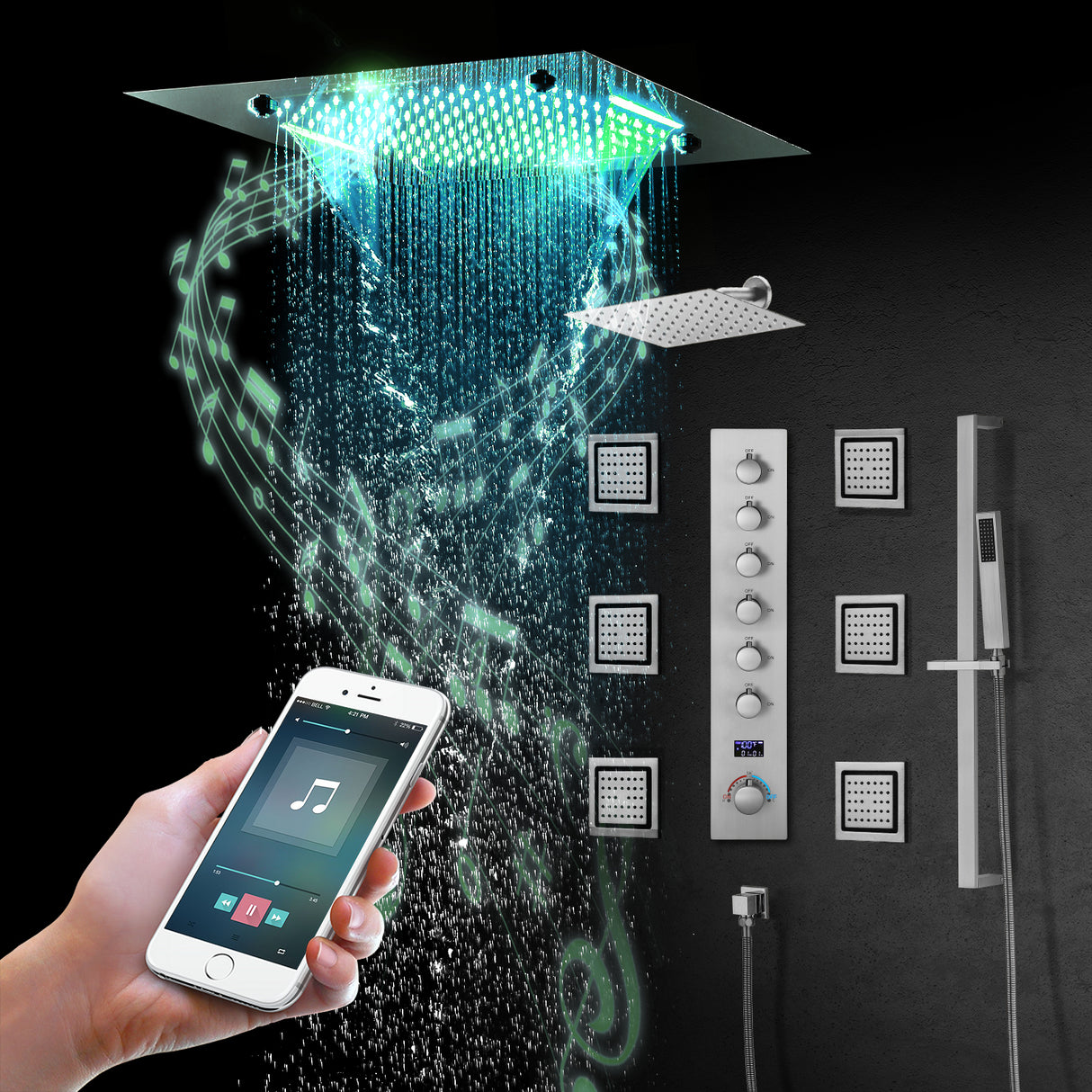 MONACO| 20" x 20" Complete Luxury LED Music shower set Rainfall , Waterfall, Mist Spray 6x Body Jets