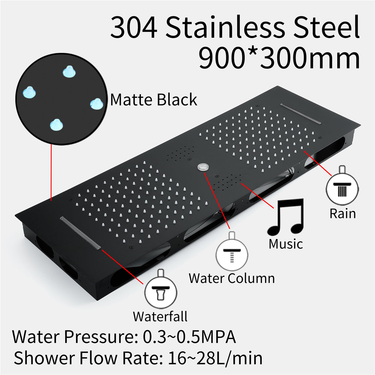 Sydney|36"Inch Complete Led Music Shower System Rainfall Waterfall & Wall Mounted Showerhead