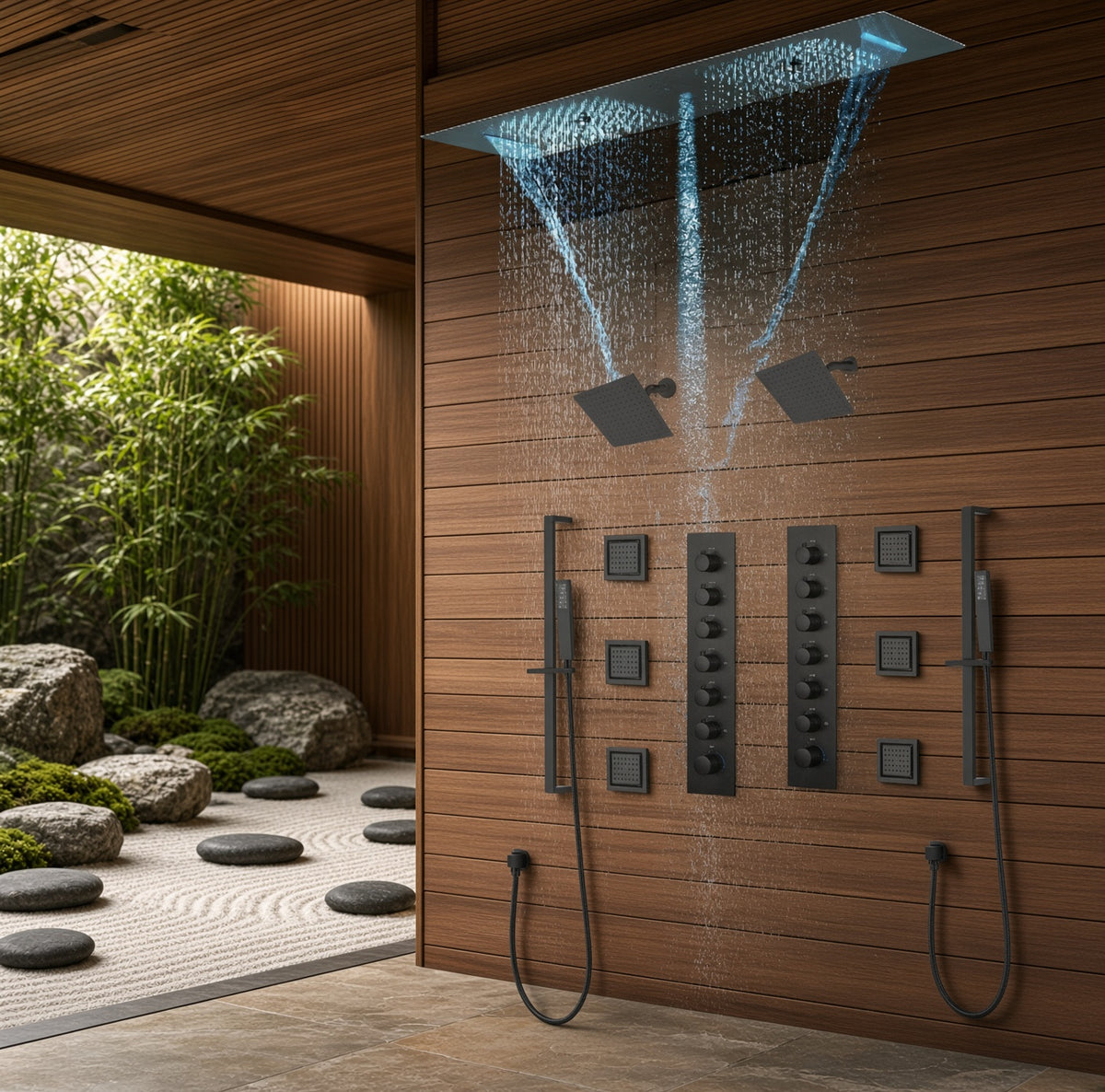 Multnomah chrome dual shower system with rainfall water in wood bathroom