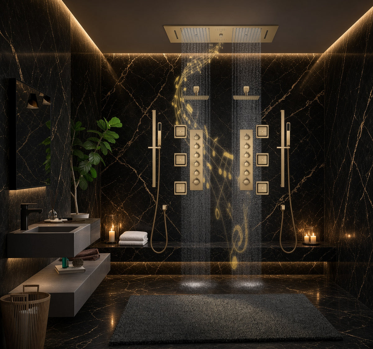 Multnomah brushed gold LED shower system in black marble bathroom