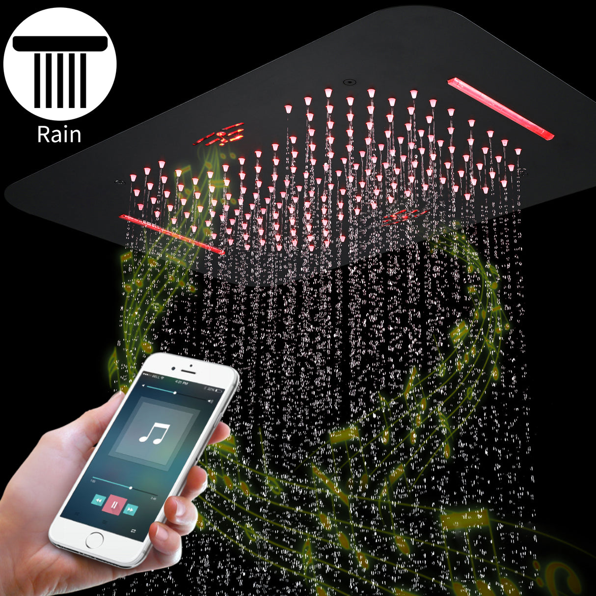 NEBRASKA| 23"Ceiling Mounted Complete Thermostatic LED Music Shower System 4 Body Jets