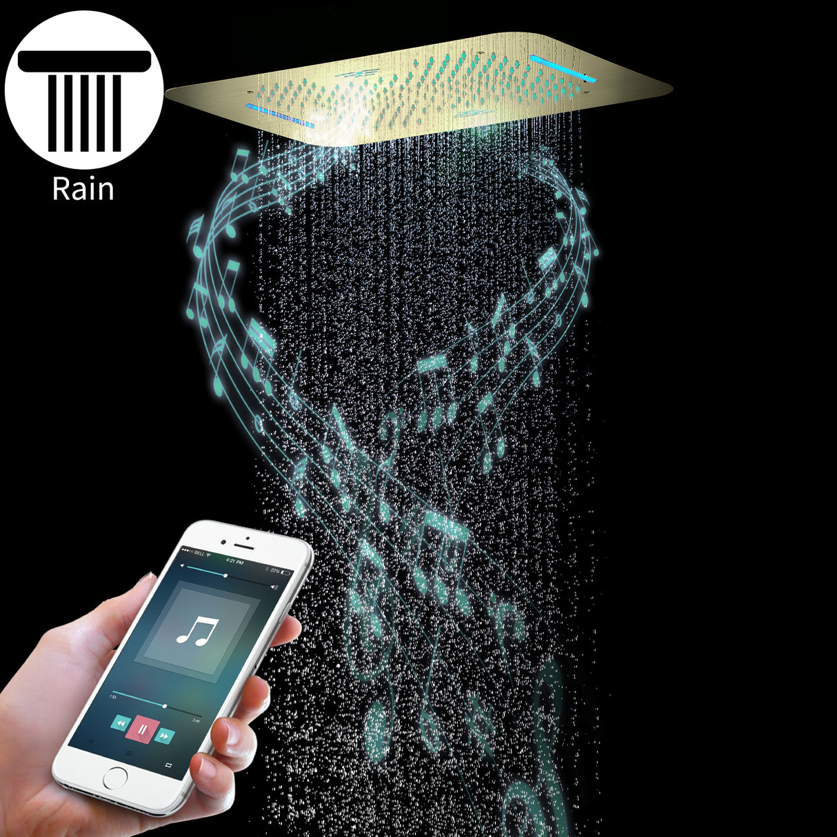 NEBRASKA| 23"Ceiling Mounted Complete Thermostatic LED Music Shower System 4 Body Jets