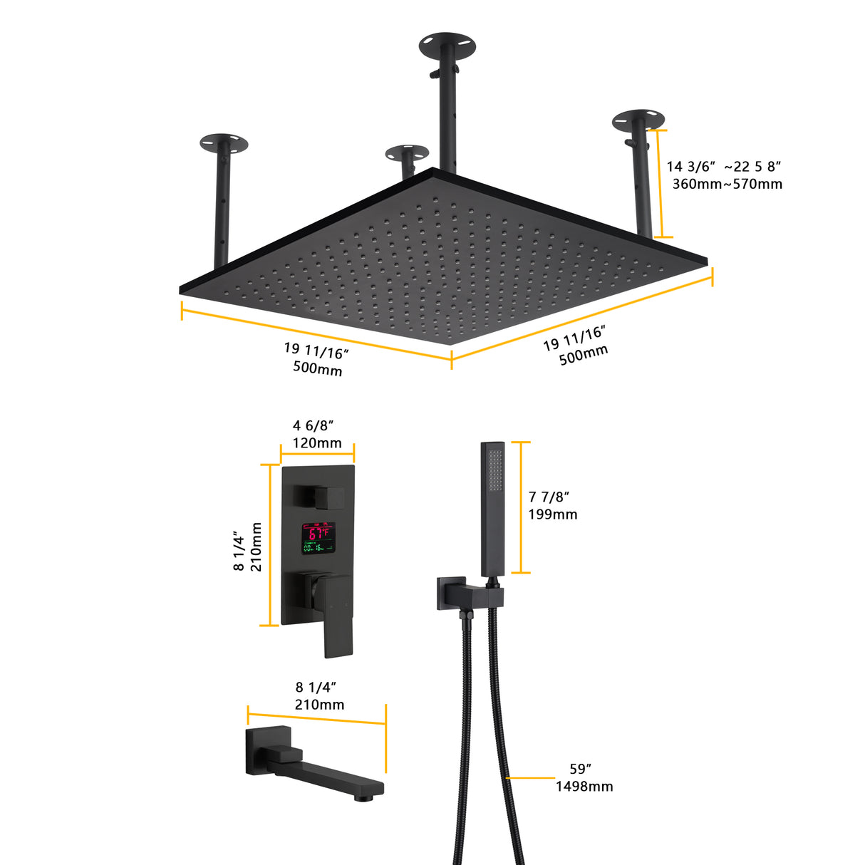 AURORA|20" CEILING MOUNT COMPLETE SHOWER SYSTEM DIGITAL DISPLAY VALVE
