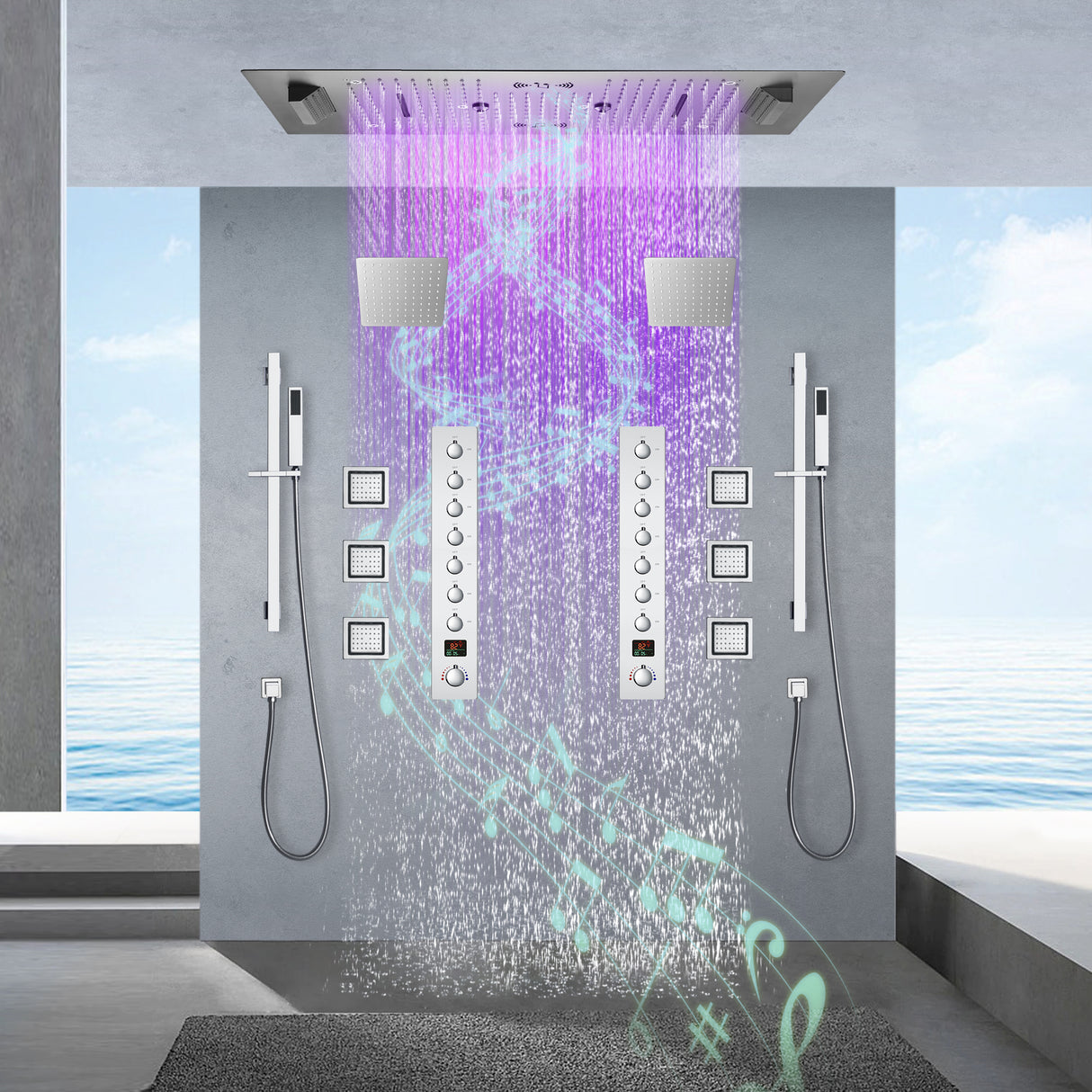Colorado|36"X 16" In Dual Showerhead 7 Functions Complete Led Music Shower System 6 Body Jets 2x Wall Mounted Rainfall Showerhead