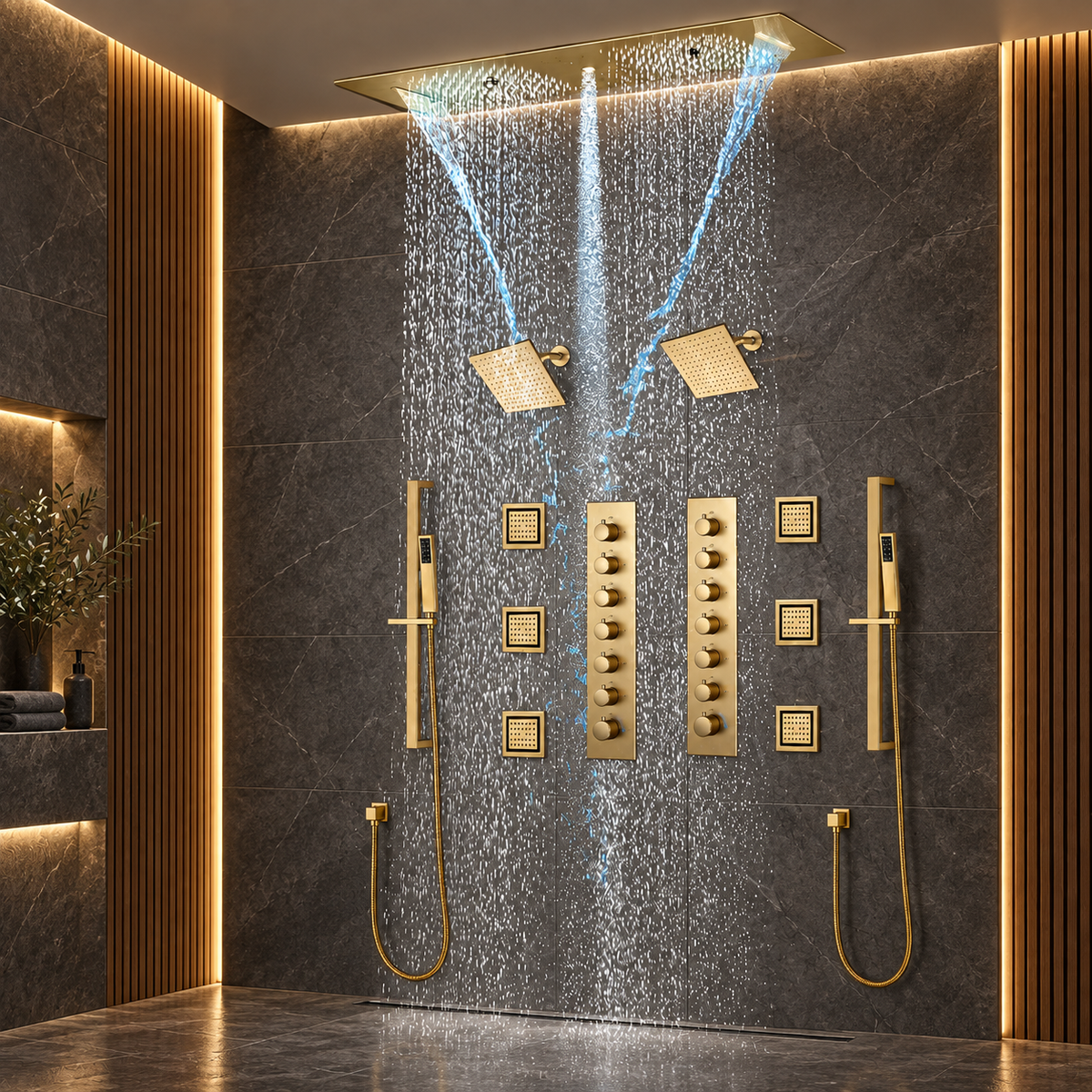 Multnomah brushed gold shower system in dark stone bathroom