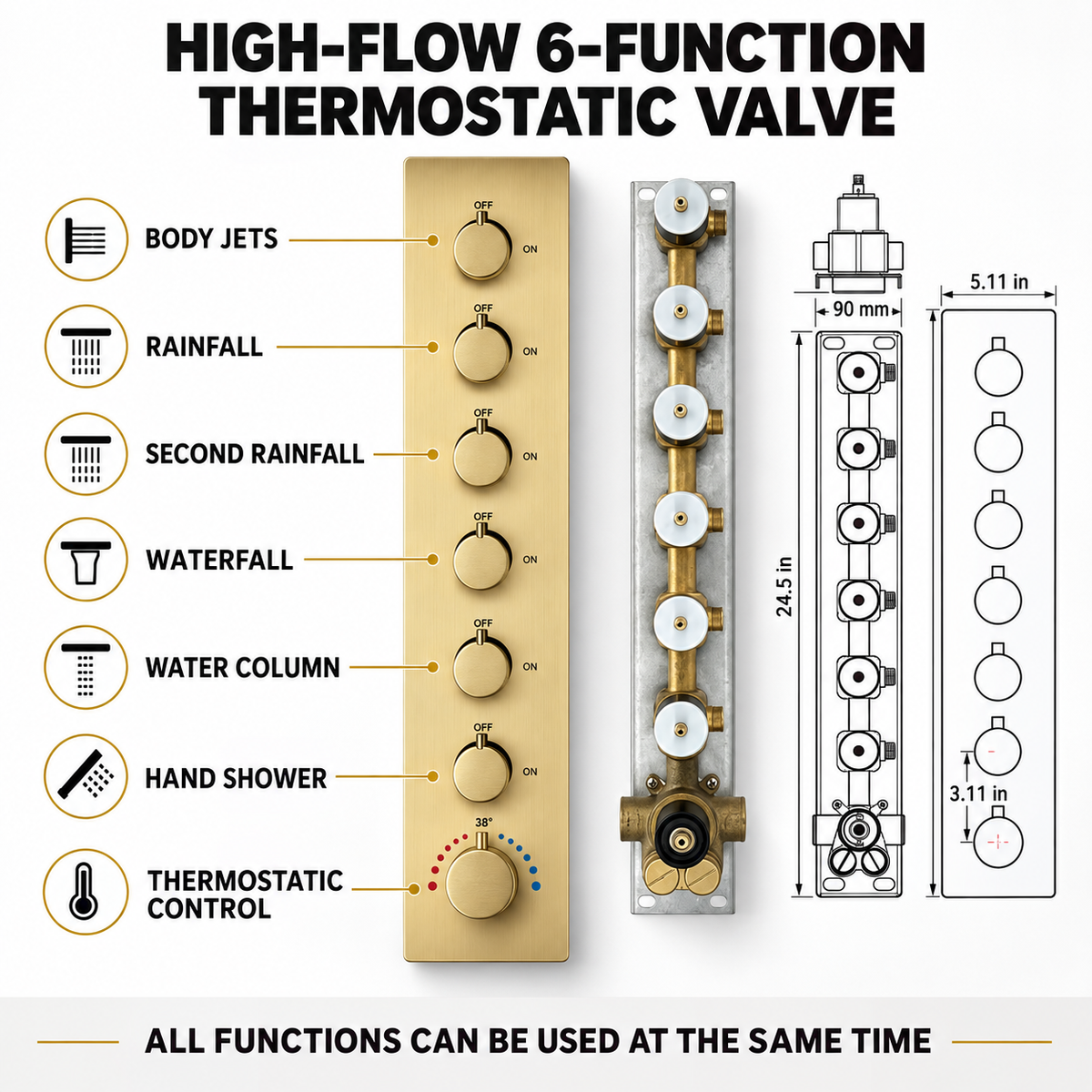 Brushed gold six-function thermostatic valve controls and dimensions