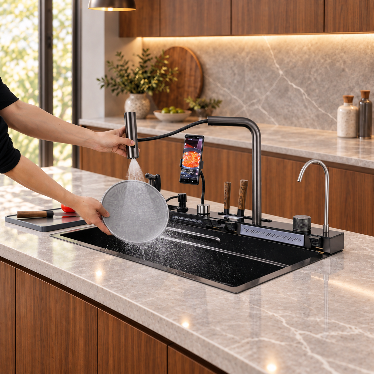 Aqua workstation sink with honeycomb basin showing water functions in a walnut kitchen