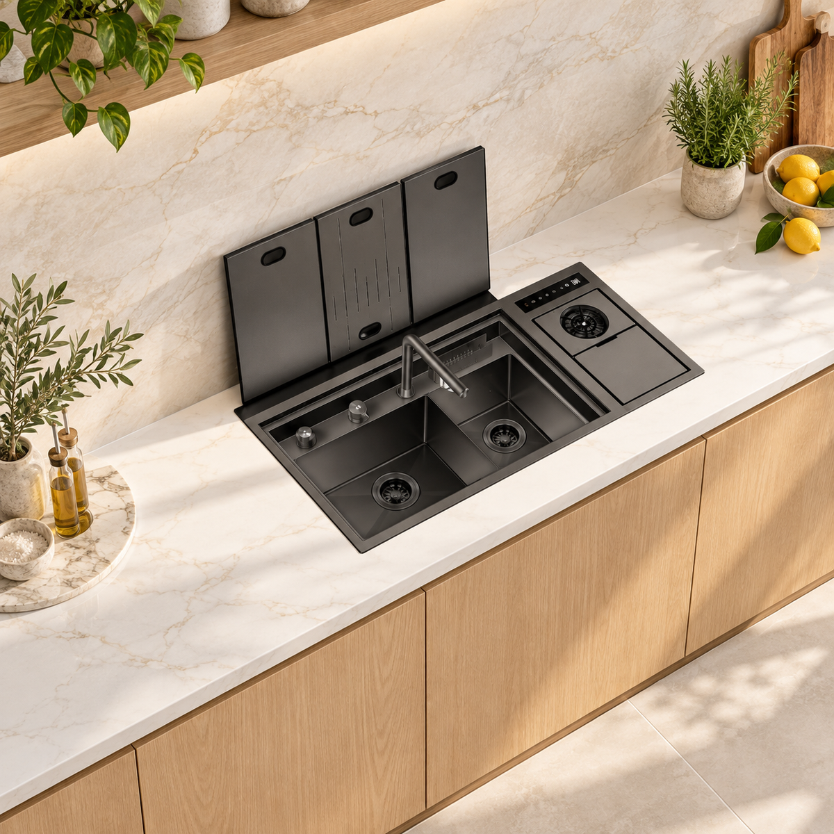 NIX38 gun grey double-basin workstation sink open on a marble kitchen counter