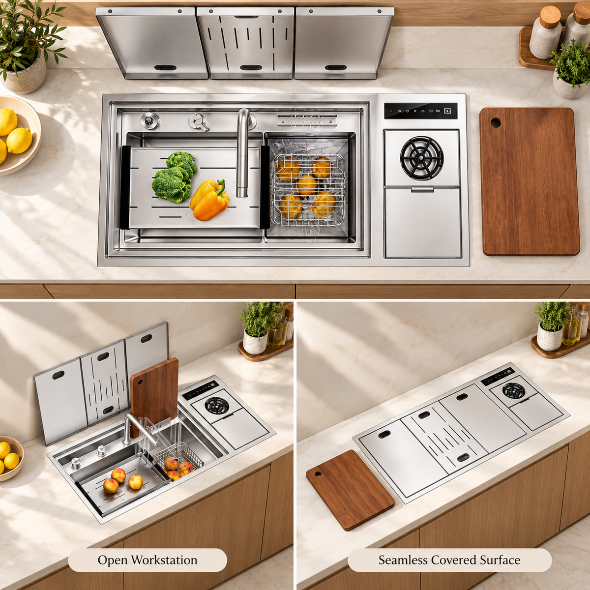 NIX38 workstation sink collage showing open preparation and closed countertop surfaces