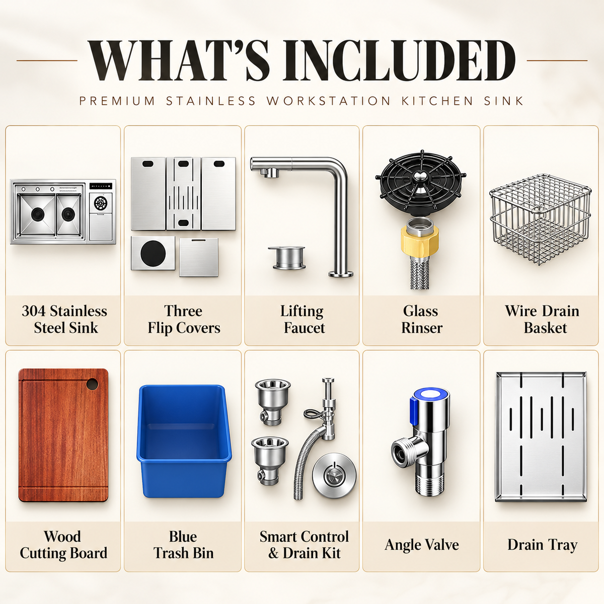 NIX38 workstation sink what's included: faucet, cup rinser, cutting board, basin accessories and drain tray