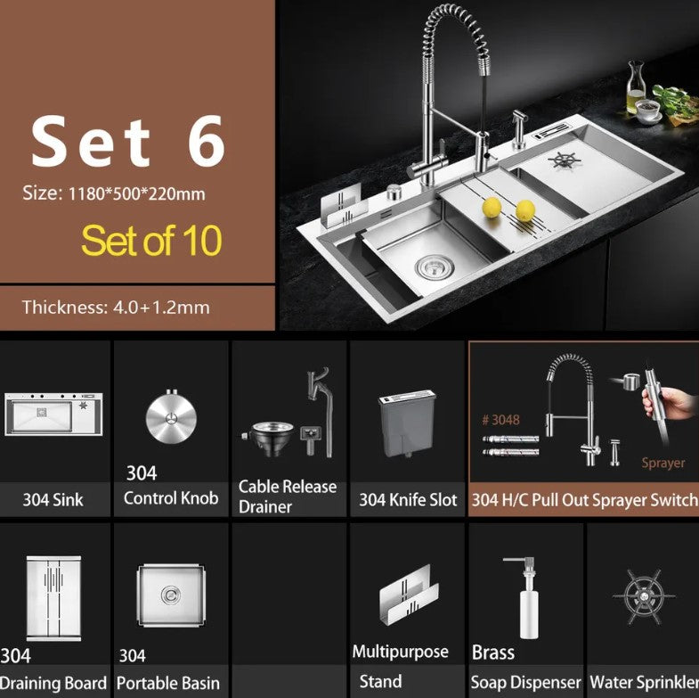 DEERA| 46.5" Luxury Complete Workstation Kitchen Sink Stainless steel Kitchen Sink Cup Rinser Sink