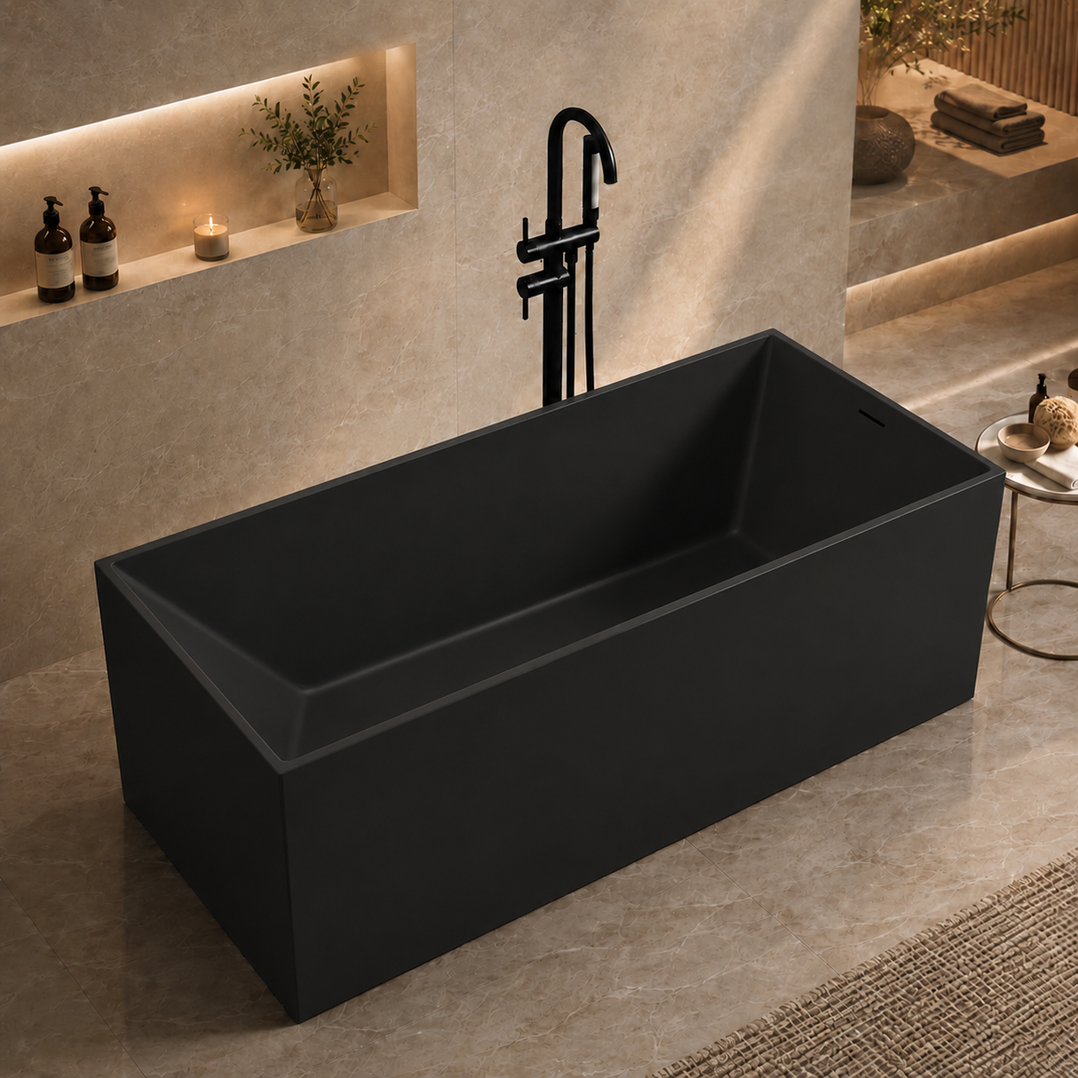 ELARA 70-INCH FREESTANDING RECTANGULAR BATHTUB – LUXURY SOLID SURFACE STONE RESIN SOAKING TUB