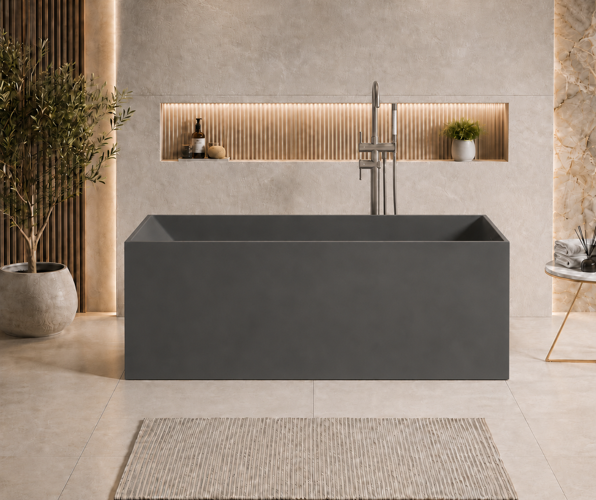 ELARA 70-INCH FREESTANDING RECTANGULAR BATHTUB – LUXURY SOLID SURFACE STONE RESIN SOAKING TUB