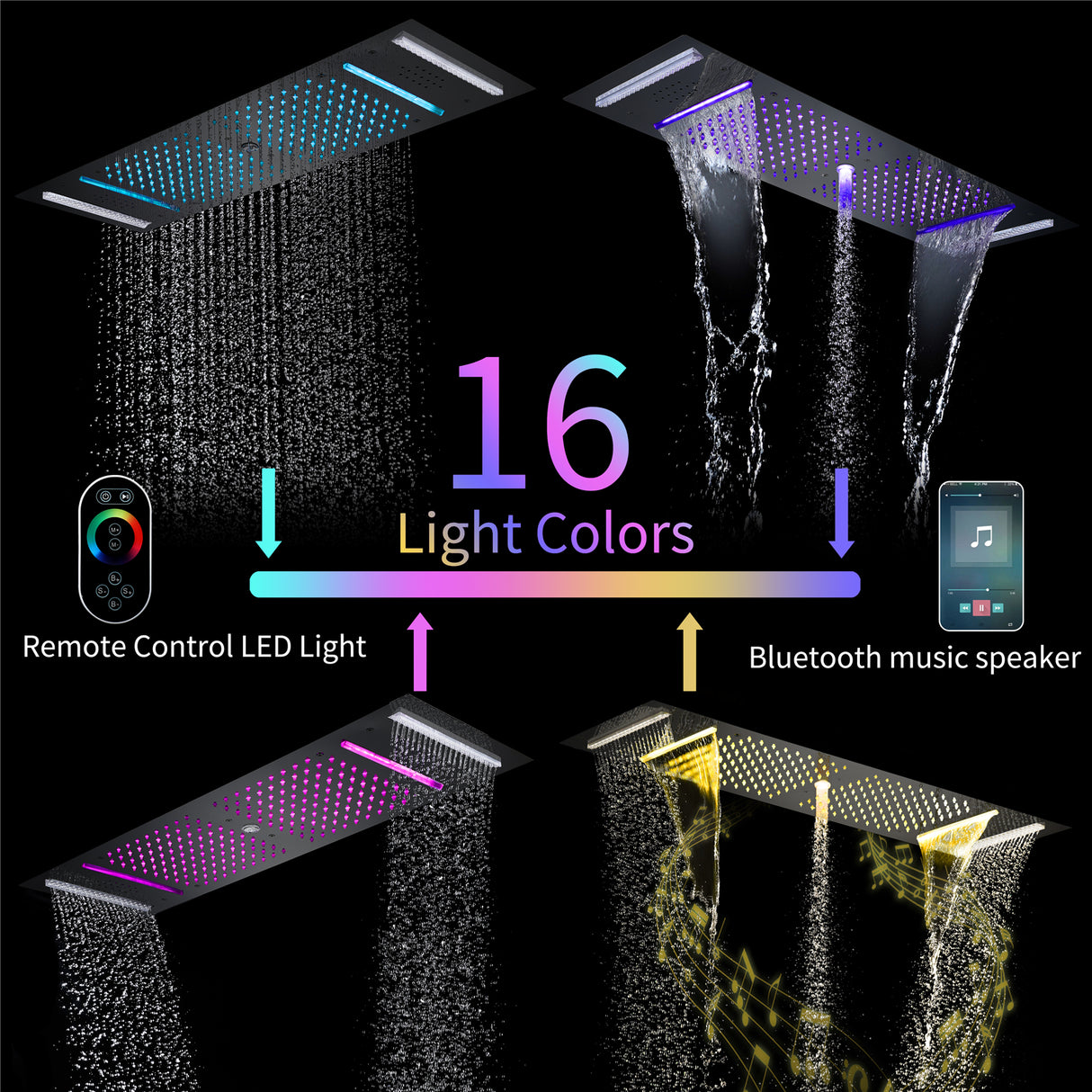 Fuse | 36" In Dual Showerhead Complete Led Music Shower Set 6 Body Jets 2x Wall Mounted Rainfall Showerhead