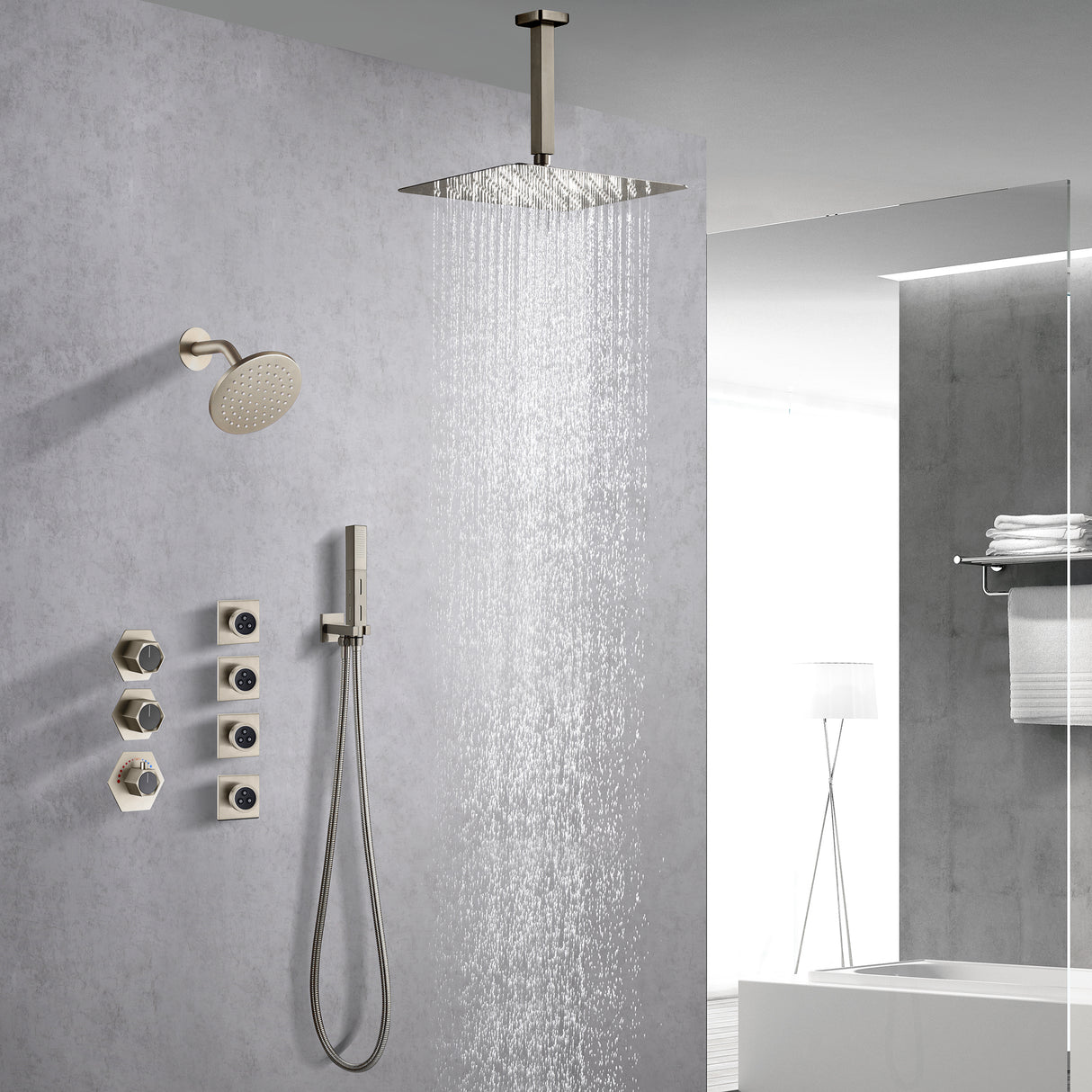 FUSION|COMPLETE CEILING MOUNT RAINFALL SHOWER SYSTEM WITH BODY JETS WALL MOUNT SHOWERHEAD
