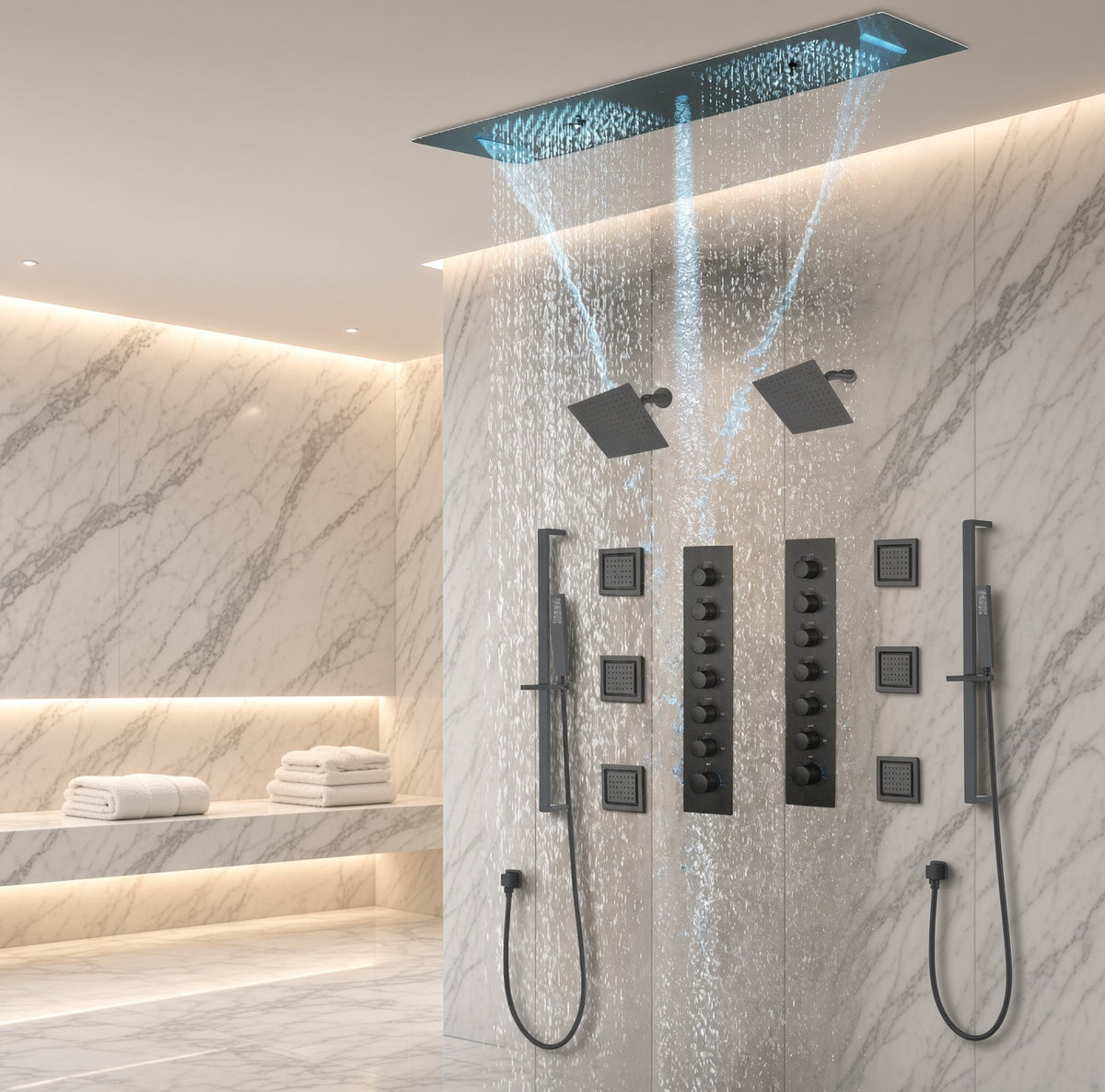 Multnomah chrome shower system in light stone shower room