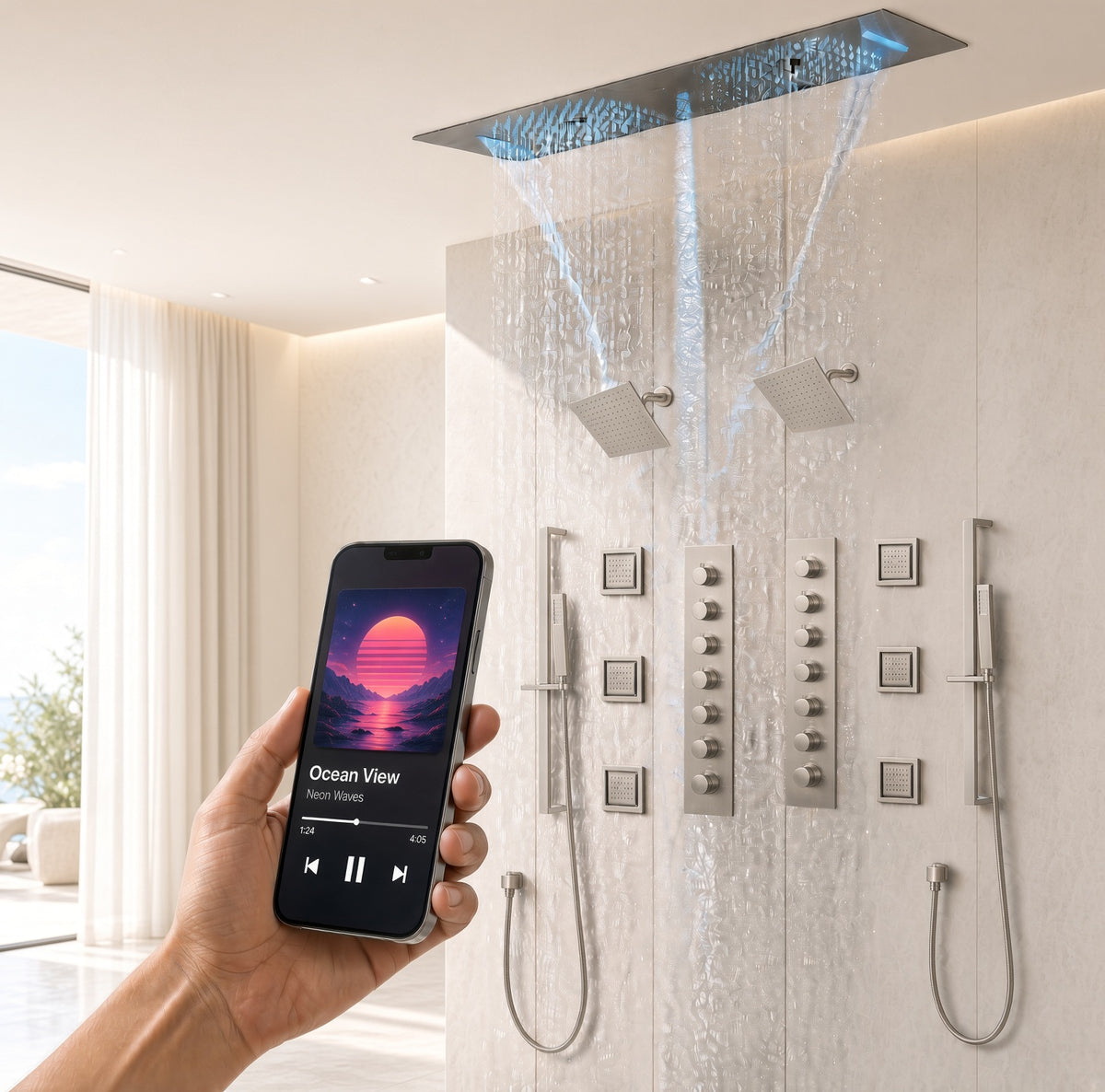 Multnomah chrome shower with smartphone music control