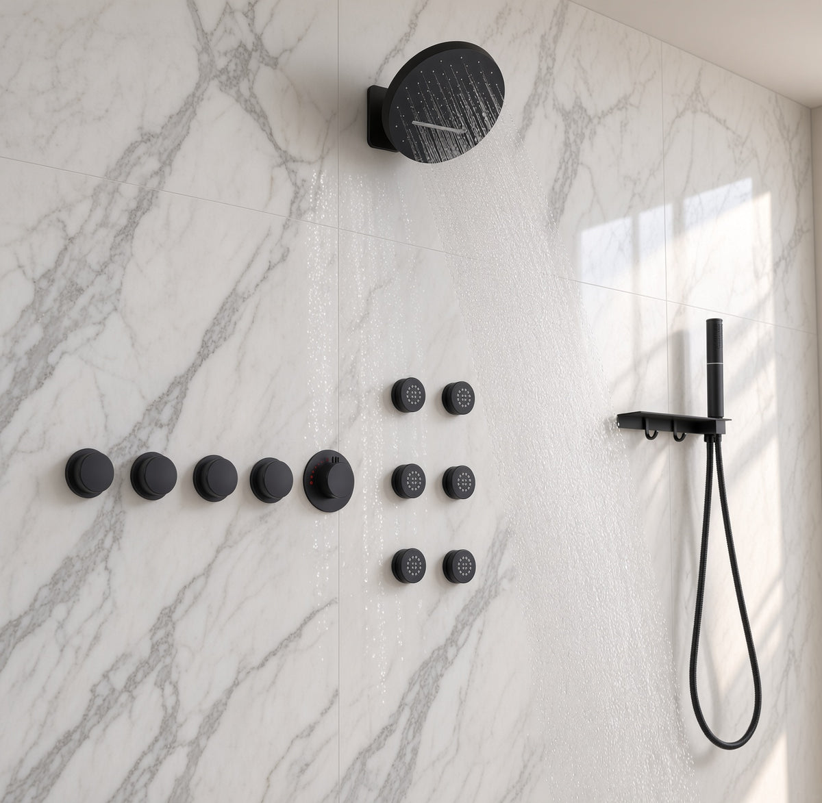 SOLARA| RAINFALL WATERFALL COMPLETE THERMOSTATIC SHOWER SYSTEM WITH 6 BODY JETS