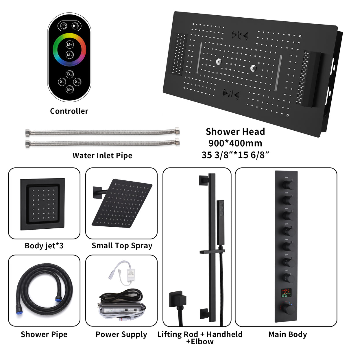 Ivey|36"Inch Complete Led Music Shower System Rainfall Waterfall & Wall Mounted Showerhead