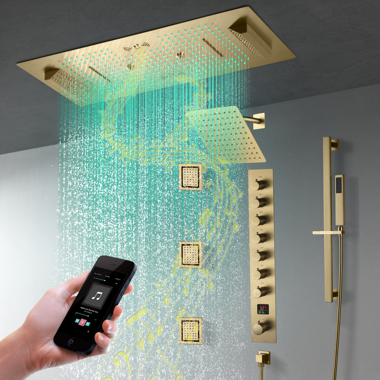 Ivey|36"Inch Complete Led Music Shower System Rainfall Waterfall & Wall Mounted Showerhead