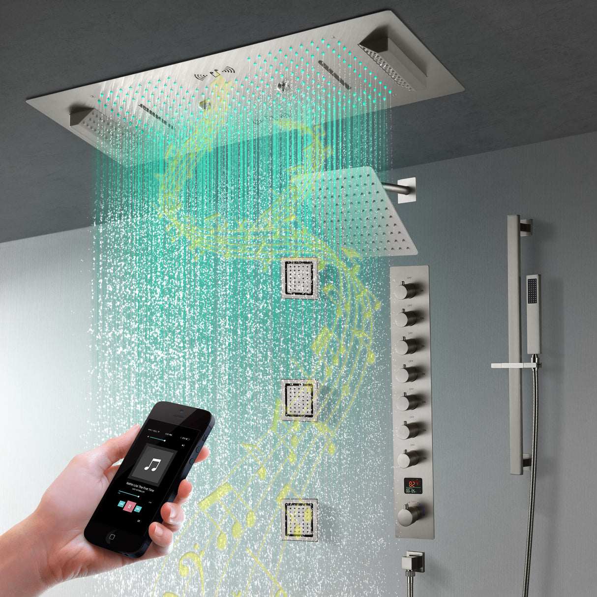 Ivey|36"Inch Complete Led Music Shower System Rainfall Waterfall & Wall Mounted Showerhead