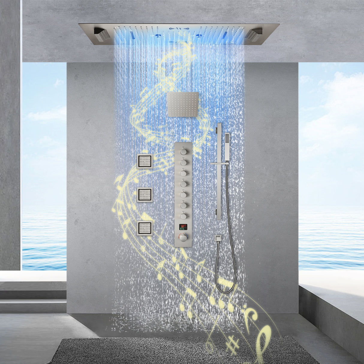 Ivey|36"Inch Complete Led Music Shower System Rainfall Waterfall & Wall Mounted Showerhead