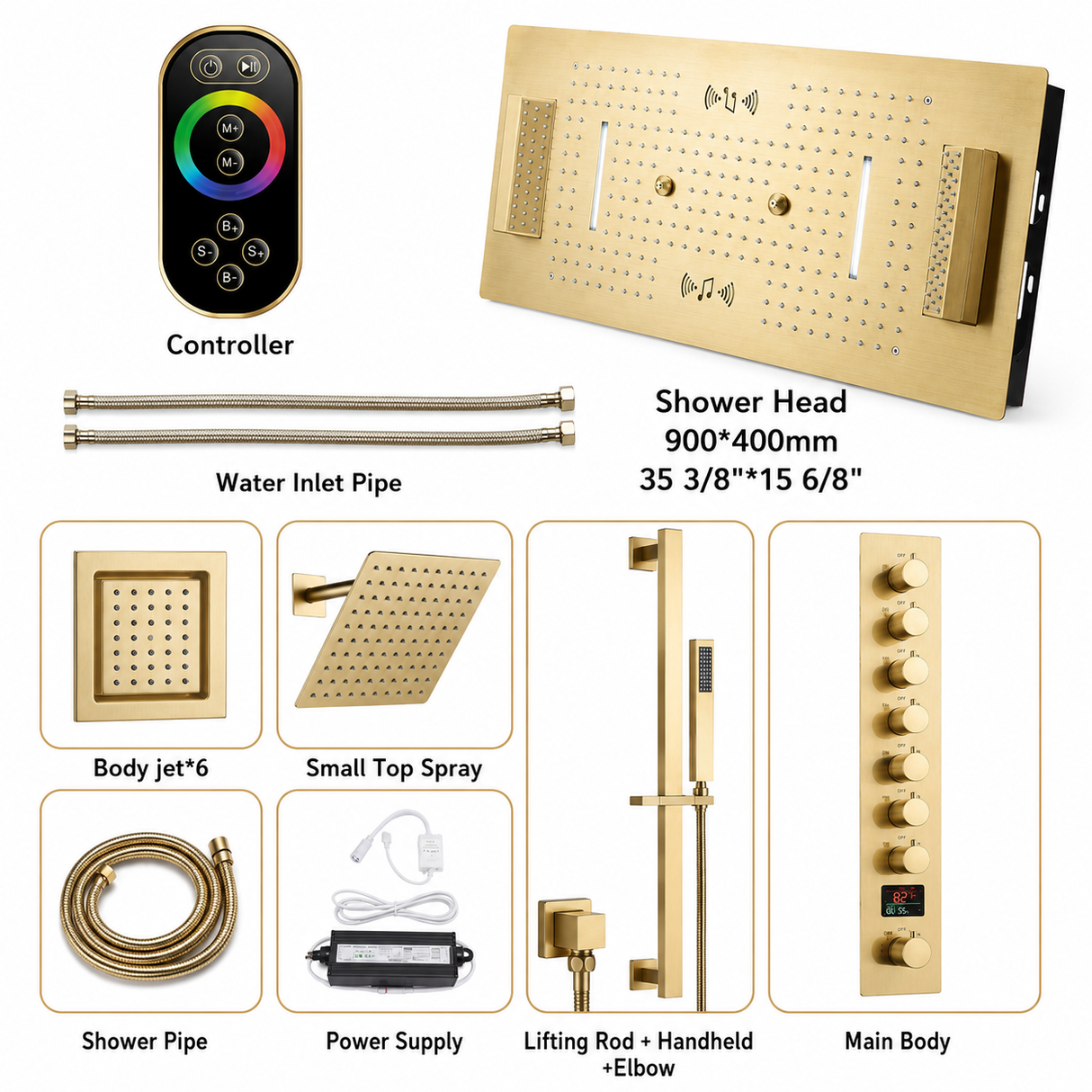 IVEY 36" X 16" SMART LED MUSIC SHOWER SYSTEM RAINFALL, WATERFALL, BODY JETS, HANDHELD SHOWER & WALL-MOUNT SHOWER HEAD