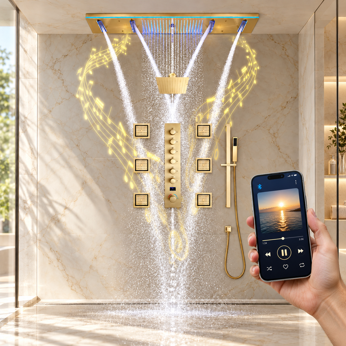 AROMA|47"COMPLETE LUXURY RAINFALL WARERFALL SHOWER SYSTEM LED MUSIC SHOWER SYSTEM