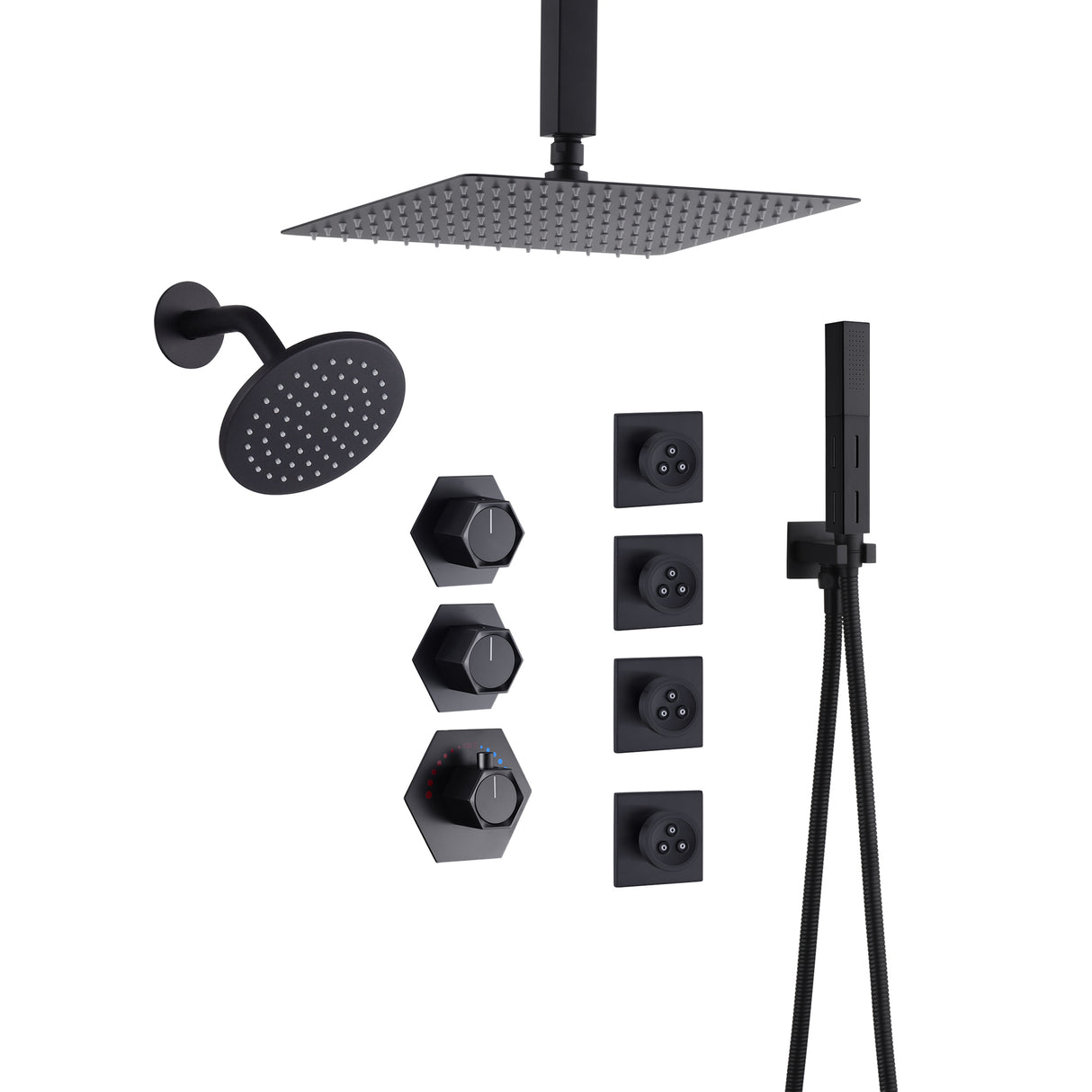 FUSION|COMPLETE CEILING MOUNT RAINFALL SHOWER SYSTEM WITH BODY JETS WALL MOUNT SHOWERHEAD