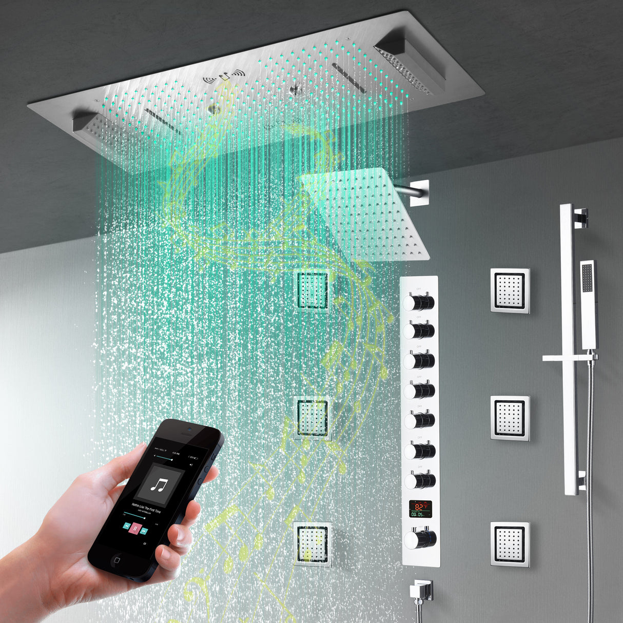Ivey|36"Inch Complete Led Music Shower System Rainfall Waterfall & Wall Mounted Showerhead