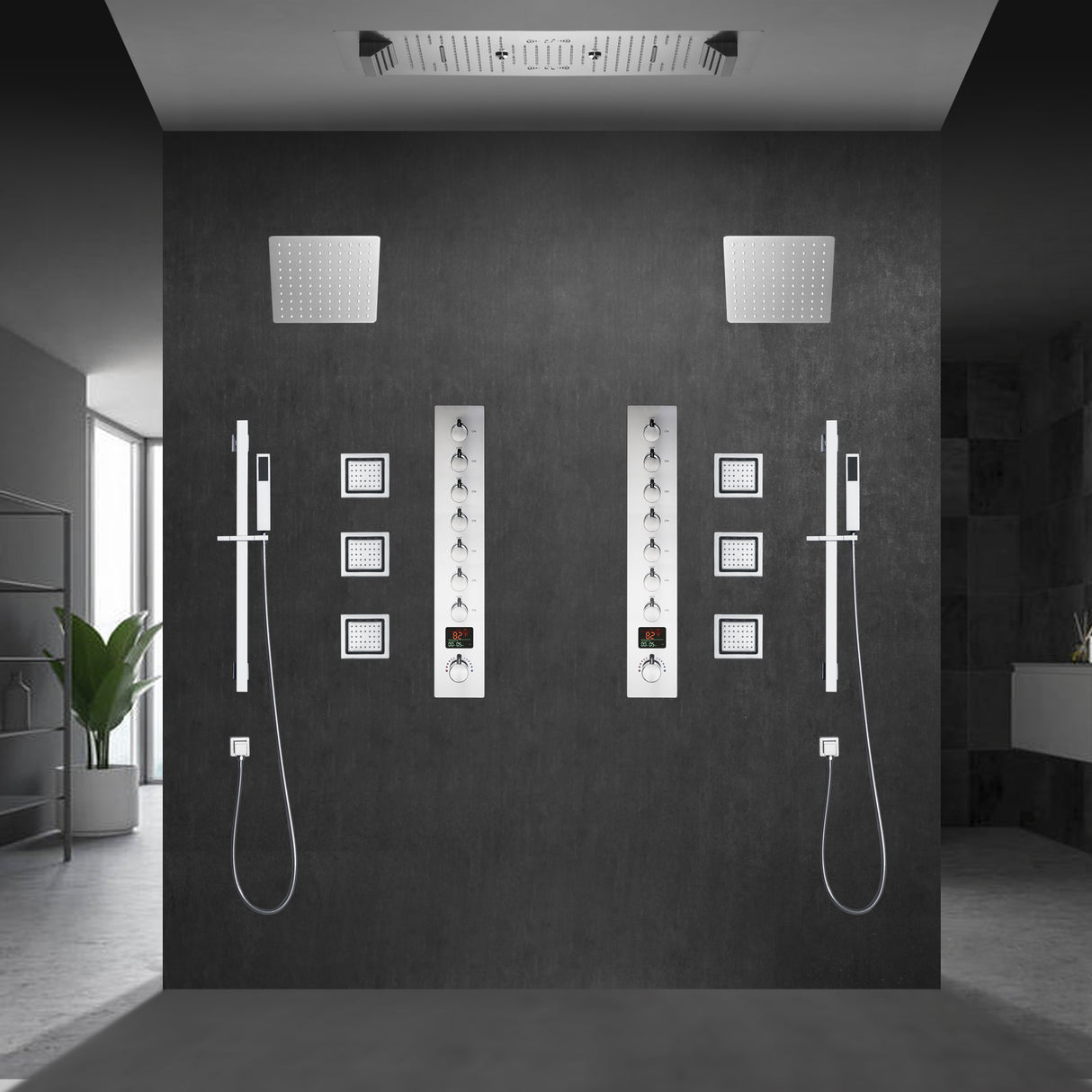 Colorado|36"X 16" In Dual Showerhead 7 Functions Complete Led Music Shower System 6 Body Jets 2x Wall Mounted Rainfall Showerhead