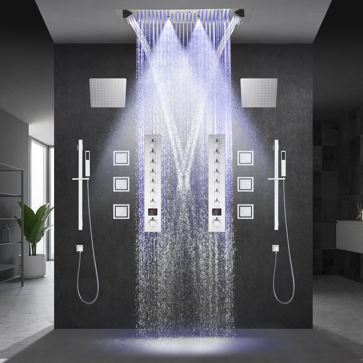 Colorado|36"X 16" In Dual Showerhead 7 Functions Complete Led Music Shower System 6 Body Jets 2x Wall Mounted Rainfall Showerhead
