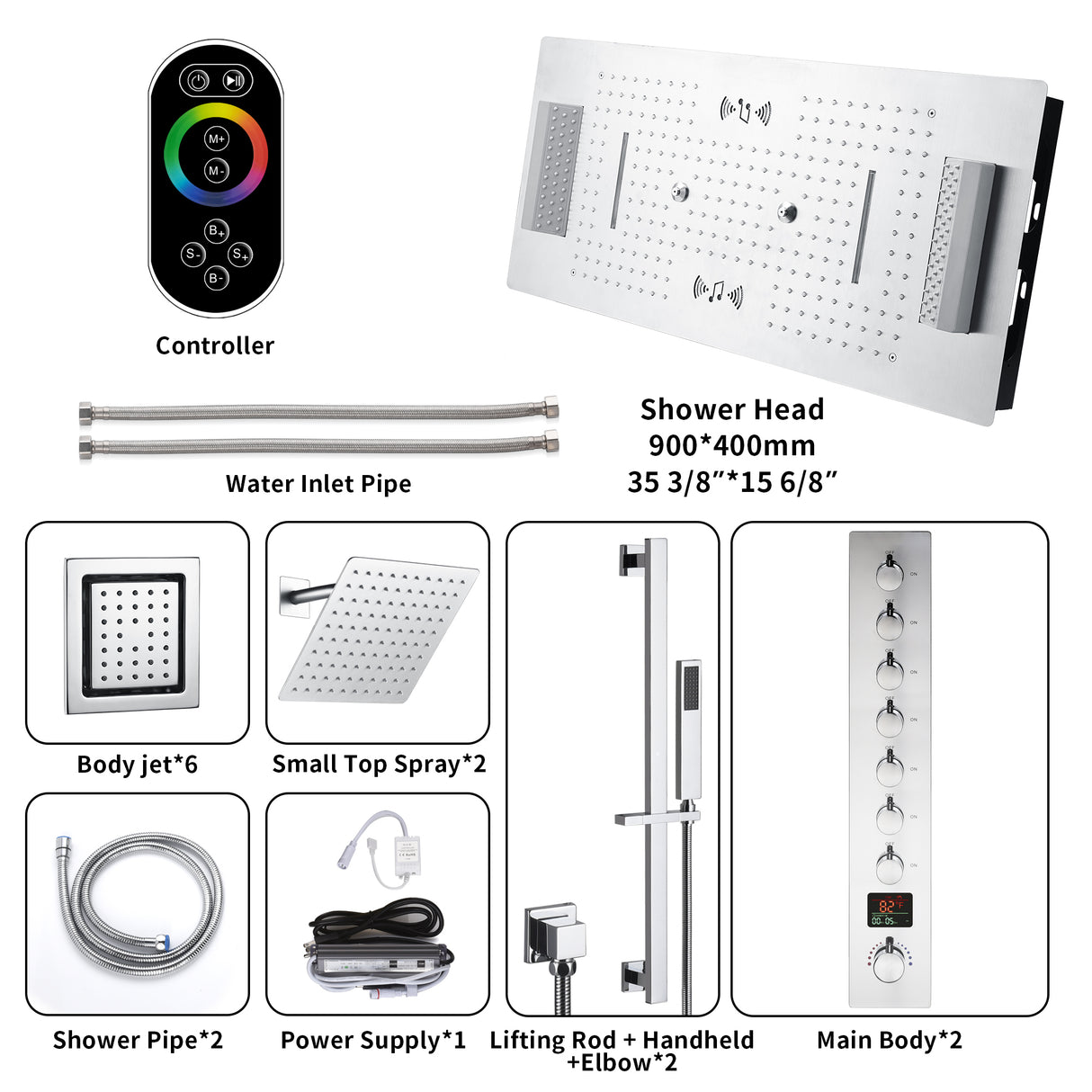 Colorado|36"X 16" In Dual Showerhead 7 Functions Complete Led Music Shower System 6 Body Jets 2x Wall Mounted Rainfall Showerhead
