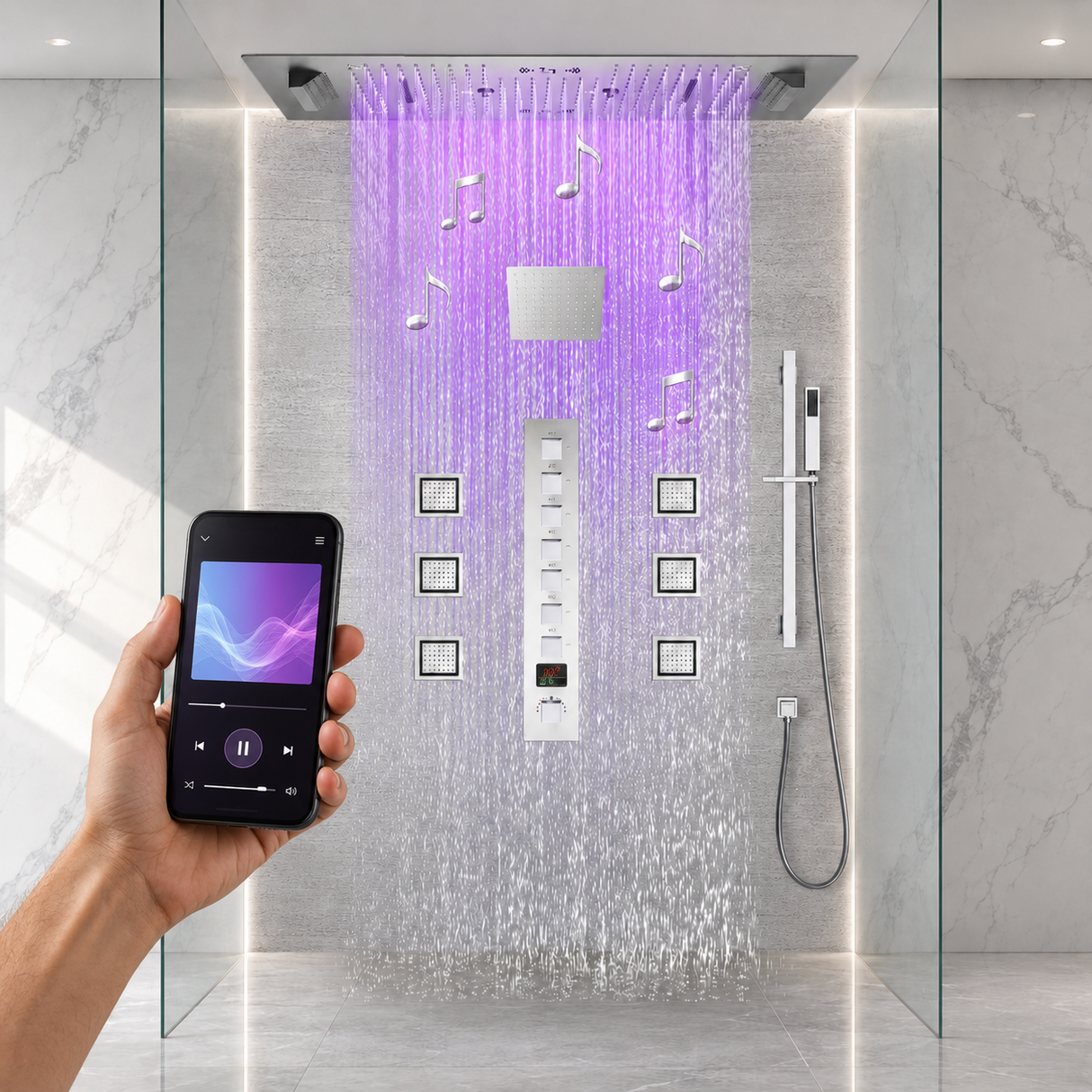 SAFARI|36"X 16" COMPLETE LUXURY LED MUSIC SHOWER SYSTEM DIGITAL DISPLAY THERMOSTATIC VALVE