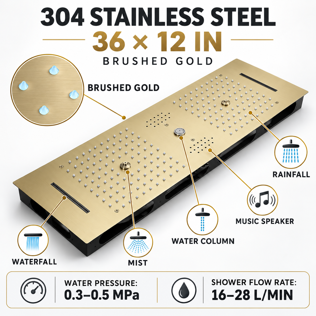 Brushed gold 36 by 12 inch stainless steel ceiling showerhead functions